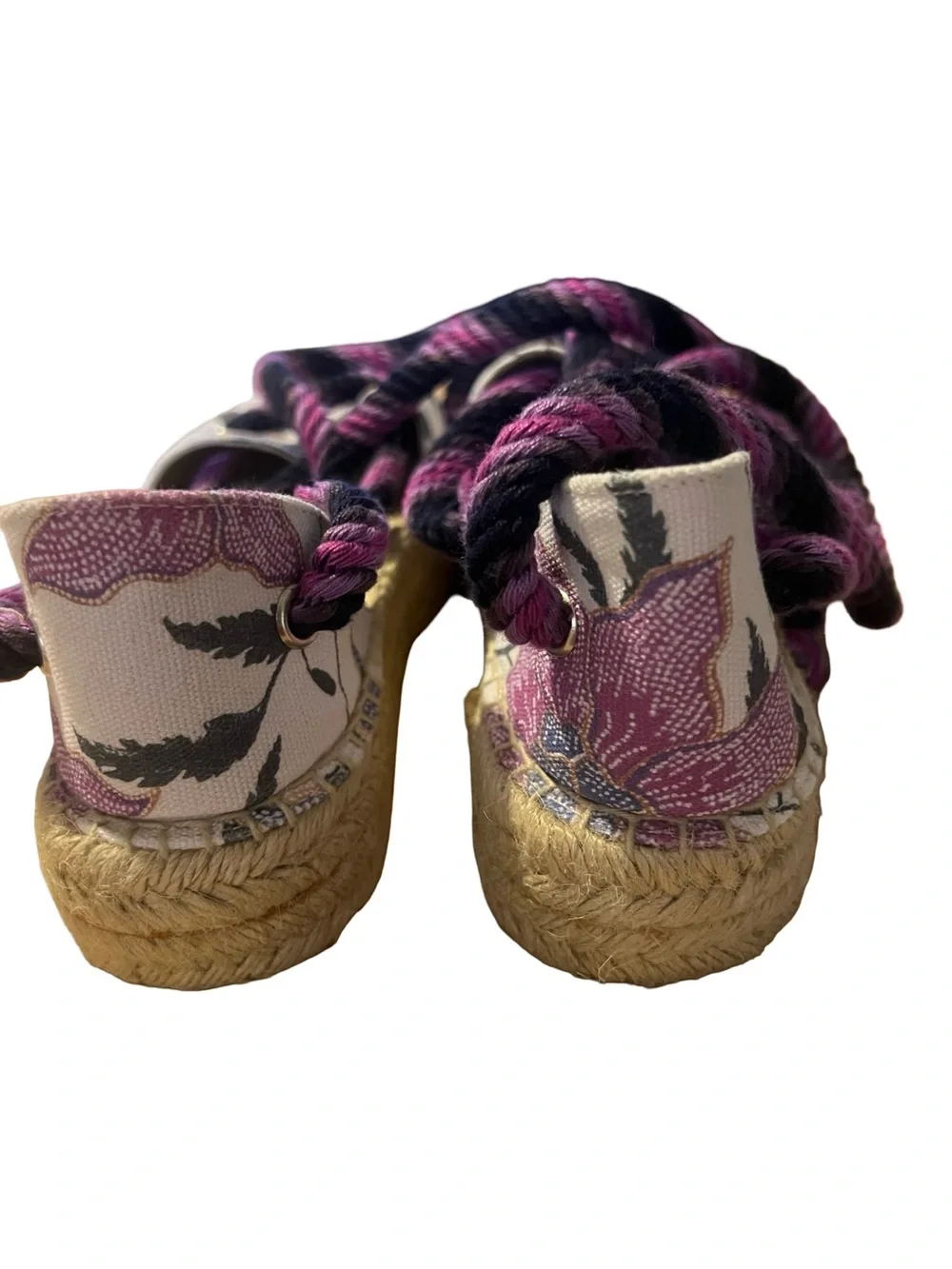 Isabel Marant Floral Canvas Espadrille Wedge Sandals - Pink/Black/Cream 38 7.5